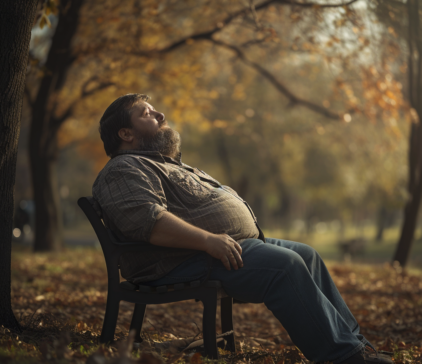 Ein übergewichtiger Mann sitzt auf einer Bank im Park. Es ist Herbst.