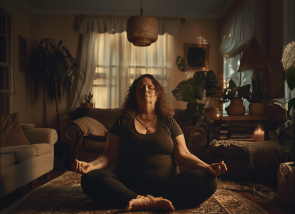 Plus size Frau macht Yoga im Wohnzimmer.