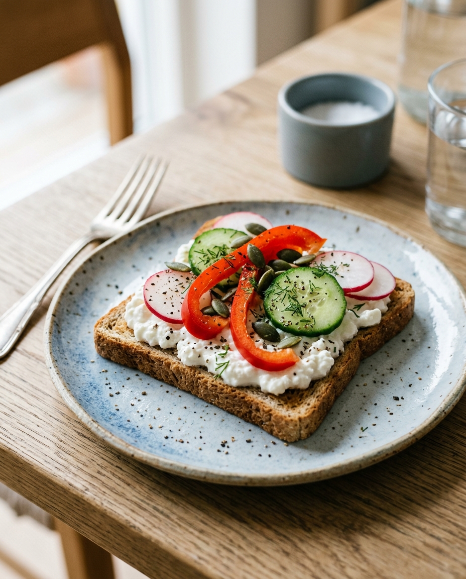 Vollkorn-Toast mit Hüttenkäse und buntem Gemüse