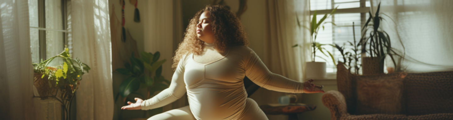 Übergewichtige Frau in beiger Sportbekleidung macht Yoga im Wohnzimmer.