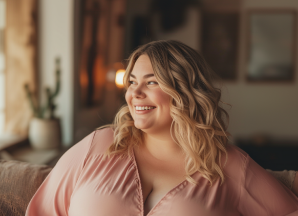 Übergewichtige Frau in einem rosa Kleid schaut lächelnd zur Seite.