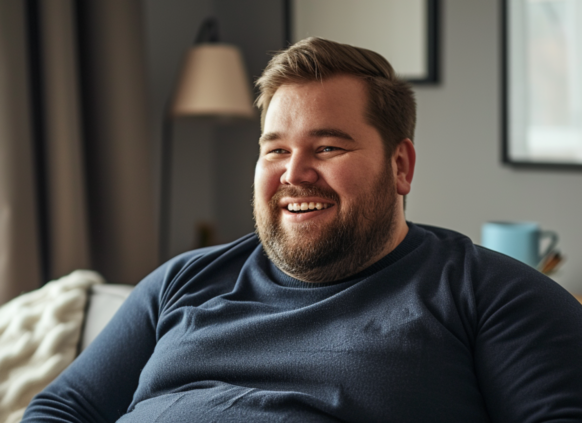 Ein Mann im blauen Pullover mit einem Bierbauch sitzt lachend auf einem Sofa.