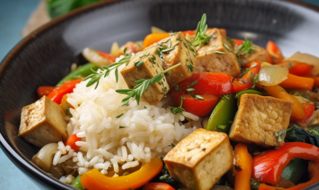 Tofu-Stir-Fry mit Gemüse, braunem Reis und Erdnuss-Sesam-Sauce | Oviva ...