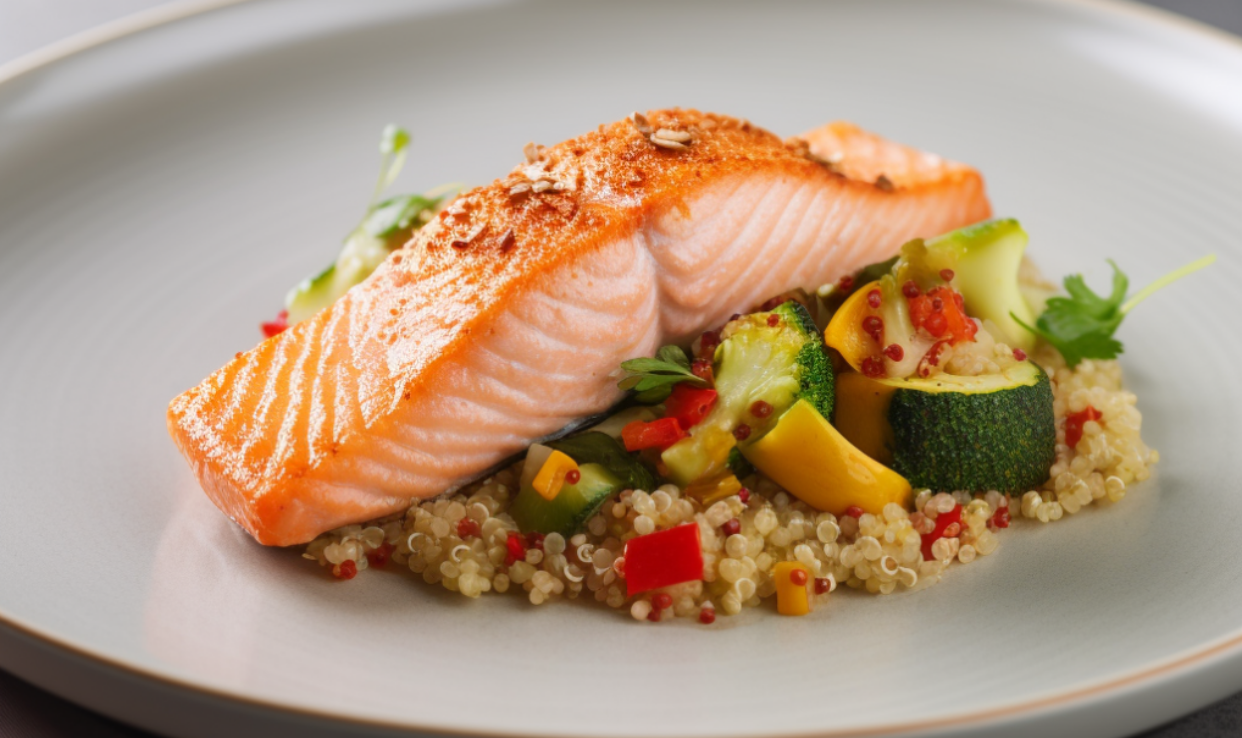 Lachsfilet mit Quinoa-Gemüse-Pfanne | Oviva Deutschland