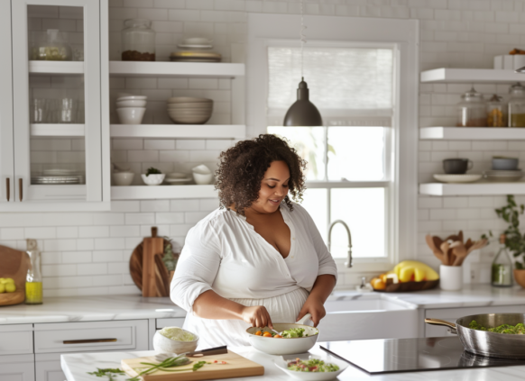 Poc Frau steht in einer weißen modernen Küche mit einer Pfanne in der Hand und kocht.
