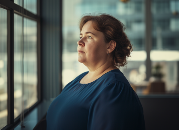 Eine übergewichtige Frau im blauen Kleid steht vor einem Fenster und sieht nach draußen.