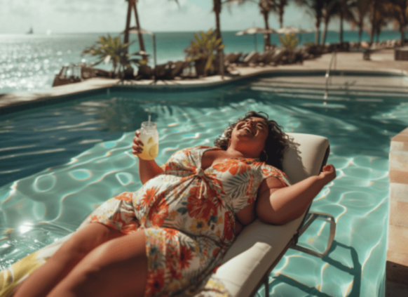 Plus size Frau auf einer Pool Liege.