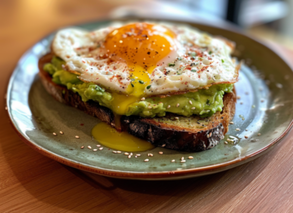 Ein Avocadobrot mit Spiegelei auf einem Teller.