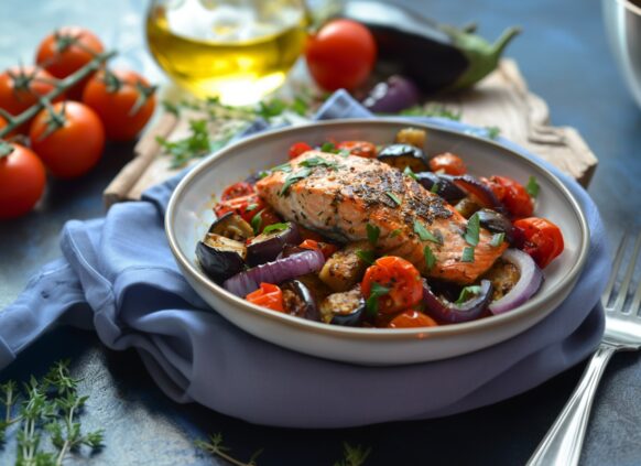 Salmon and Mediterranean vegetables